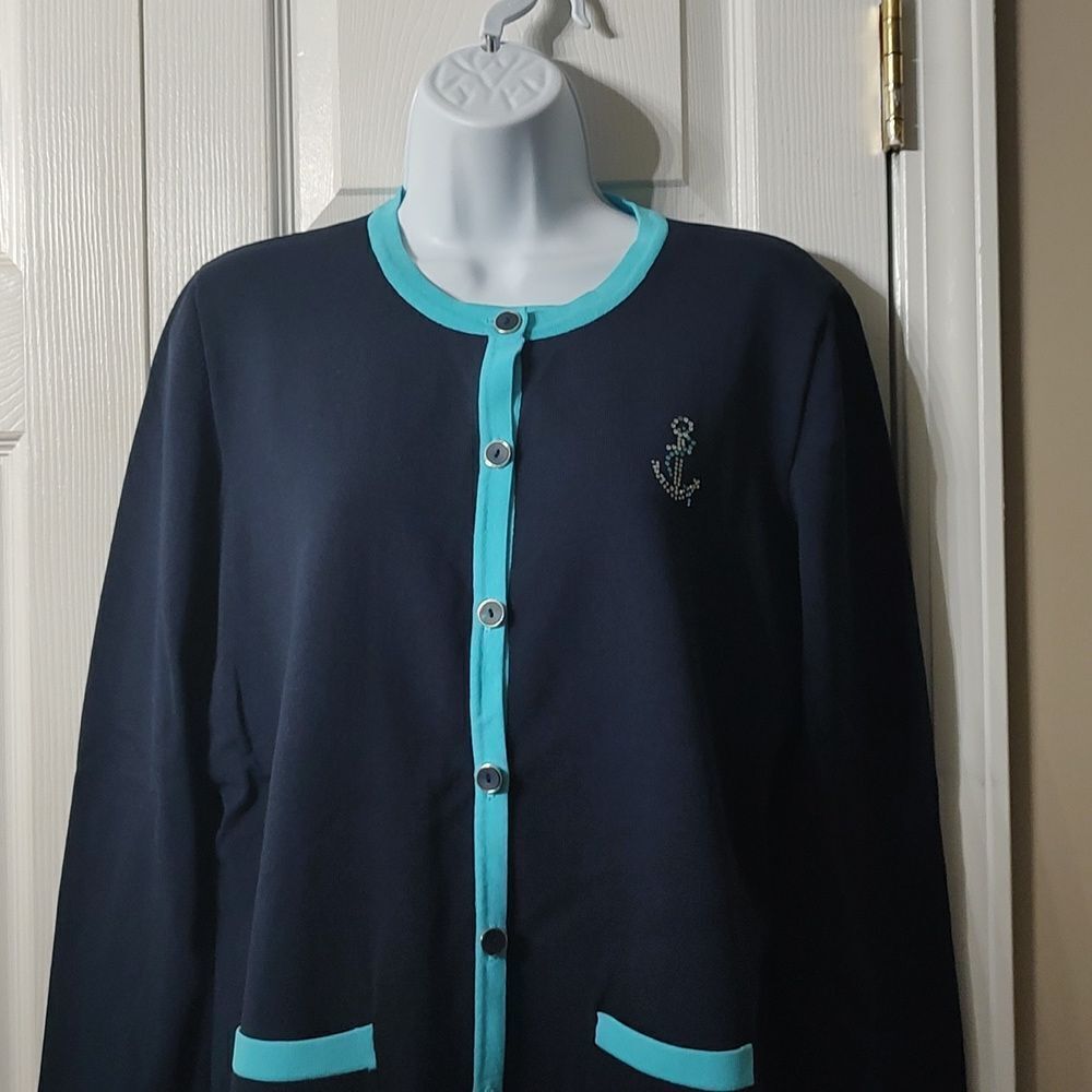 Alfred Dunner 2 in 1 nautical anchor beach sweater cardigan Sz M - Picture 4 of 6